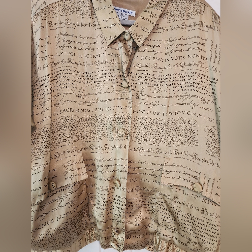Women's Nancy Heller Vintage Script 100% Silk Button-Up Shirt Jacket Size 2X - Picture 3 of 11